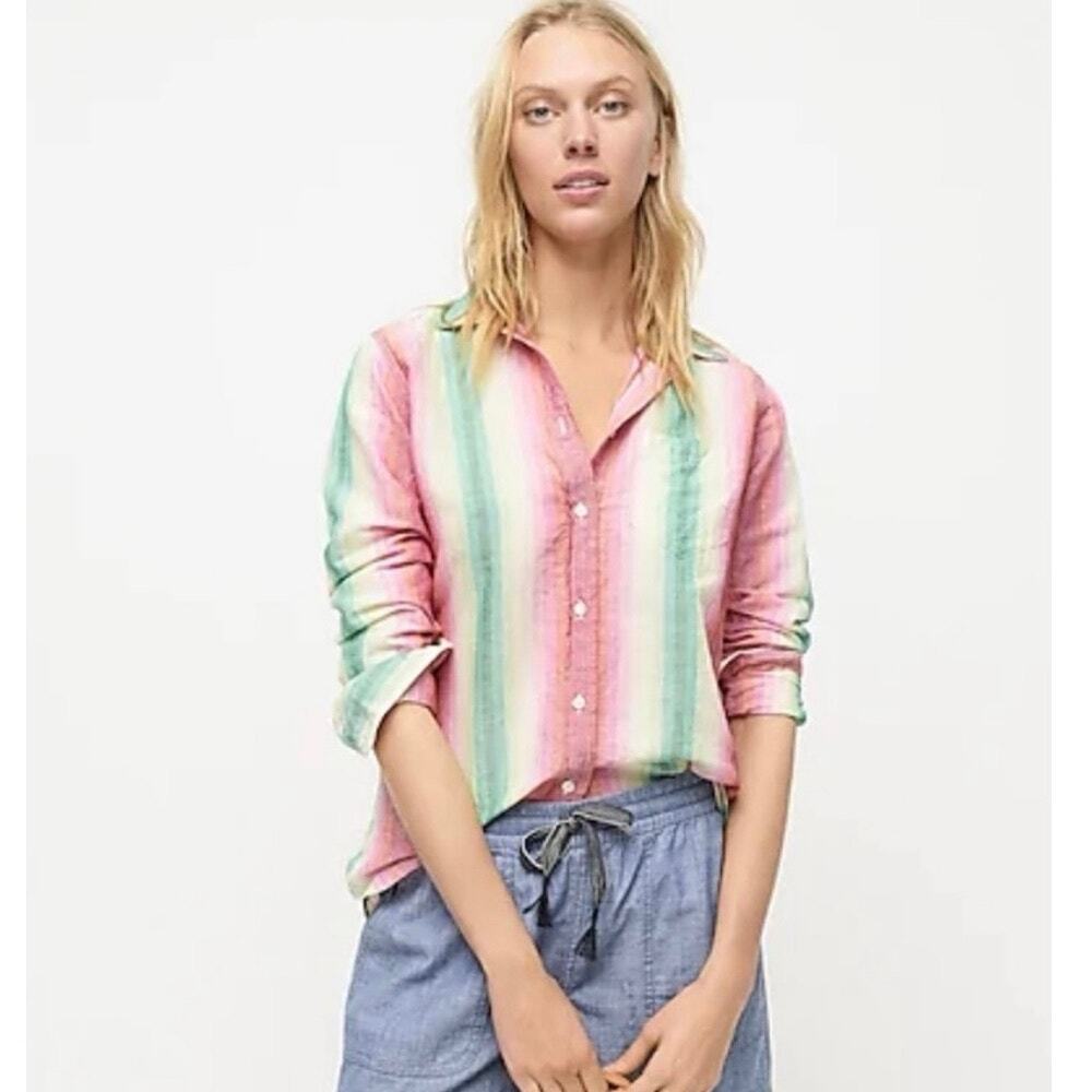 NWT J. Crew Classic Fit Boy Shirt Linen Blend Rainbow Stripe Womens Size 8